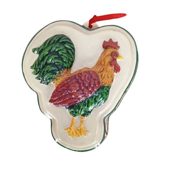 Ceramic Rooster Hanging Ornament With Intricate Hand-Painted Details & Red Ribbo - Picture 1 of 6